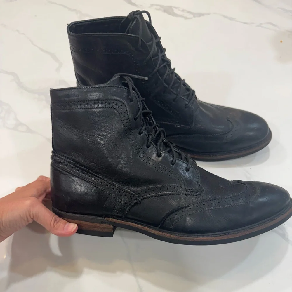 Walk-Over Made in USA Brogue Wingtip Boots Black Leather Lace Up Shoes Size 11M